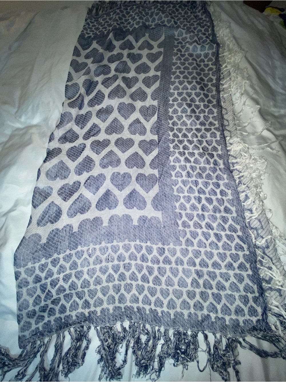 mark. Blue and White Heart Pattern Fringe Scarf